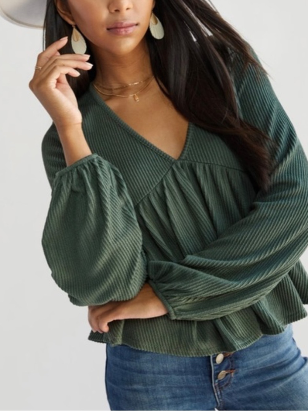 V-Neck Ribbed Peplum Top in Olive Green